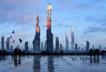 paris cityscapes futuristic silhouette buildings pigeons digital art concept art squares skies birds Art HD Wallpaper